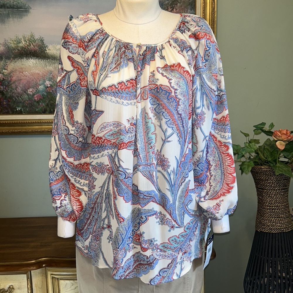 Chaps white blue coral Feather Leaf Floral Boho Blouse “Hazy Night” NEW NWT